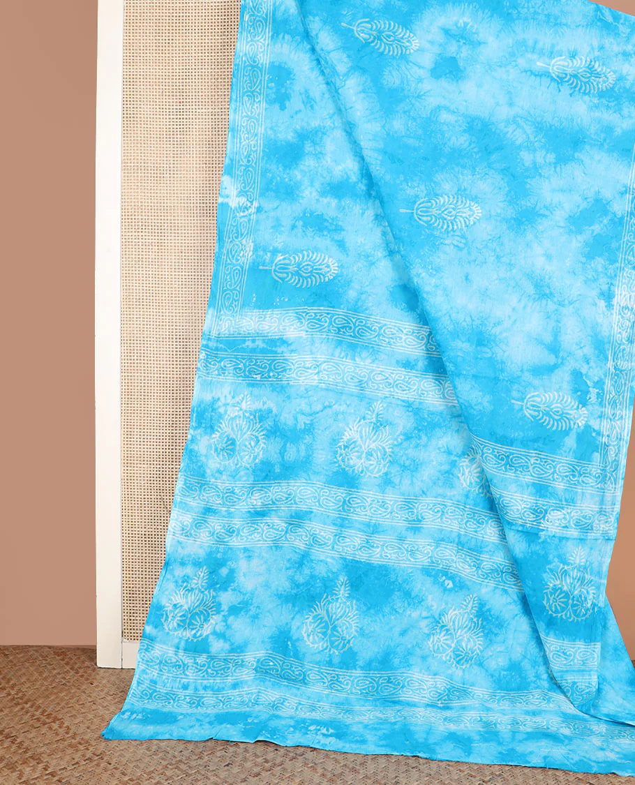 Blue shibori dyed with unique motifs block printed cotton saree, self-border, and printed pallu - Image 2