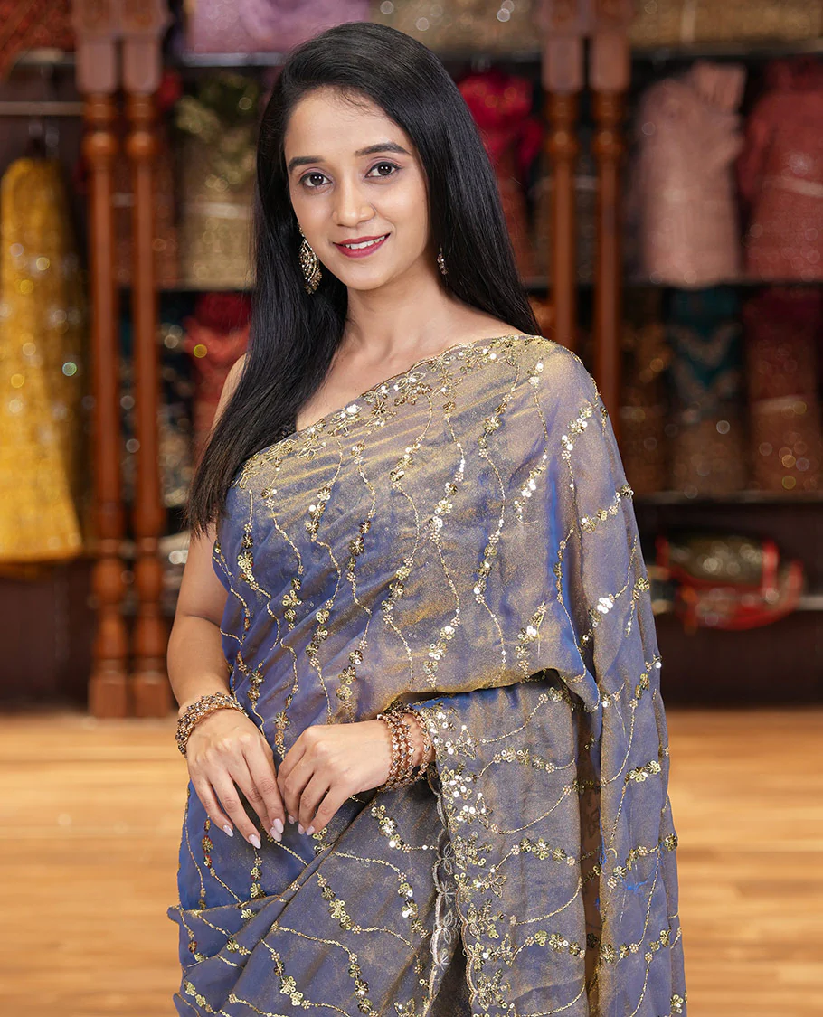 Blue Shimmer Chiffon Saree Elegantly Embellished with Sequins and Thread-Woven Ogee Patterns All Over the Body, Featuring a Scalloped Sequins Work Border, and Paired with a Matching Blouse Embellished with Sequins Work - Image 2