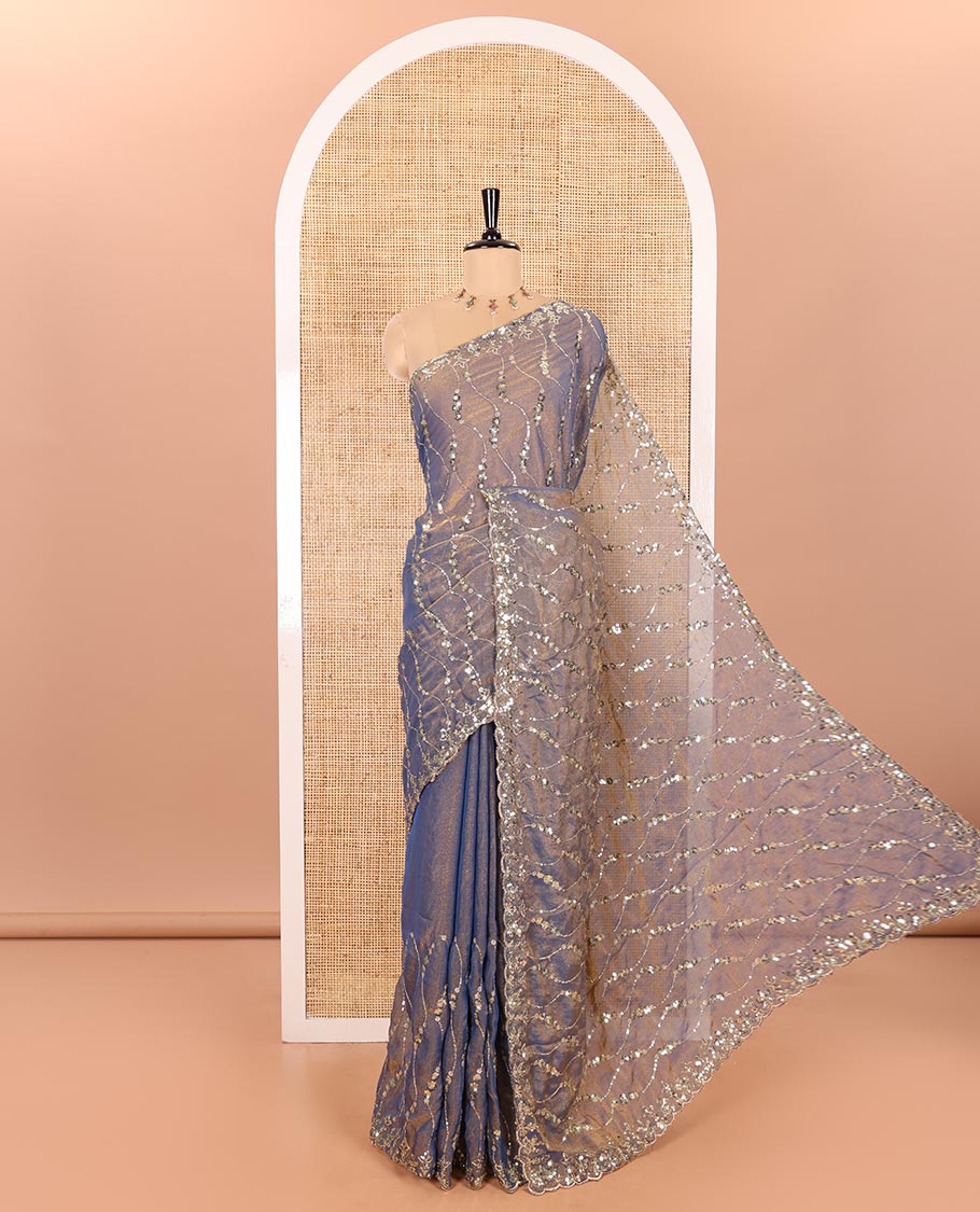 Blue Shimmer Chiffon Saree Elegantly Embellished with Sequins and Thread-Woven Ogee Patterns All Over the Body, Featuring a Scalloped Sequins Work Border, and Paired with a Matching Blouse Embellished with Sequins Work - Image 3