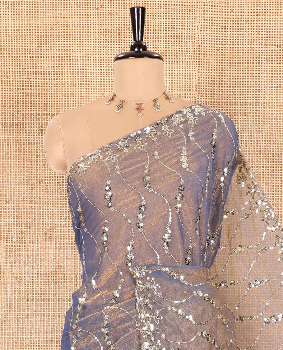Blue Shimmer Chiffon Saree Elegantly Embellished with Sequins and Thread-Woven Ogee Patterns All Over the Body, Featuring a Scalloped Sequins Work Border, and Paired with a Matching Blouse Embellished with Sequins Work - Image 4