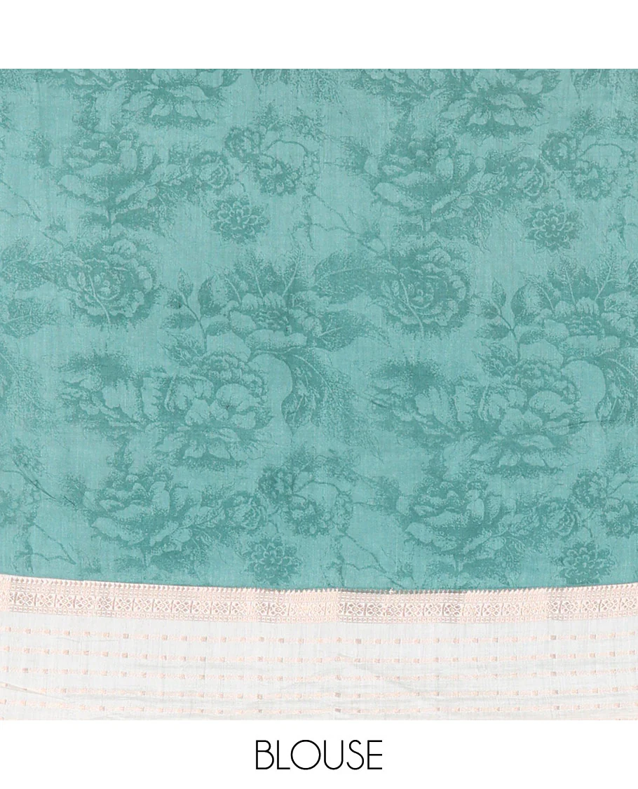 Blue silhouette-style floral discharge printed Assam silk saree, contrast traditional zari border of rudraksham motifs, zari striped pallu, and a floral printed blouse - Image 4