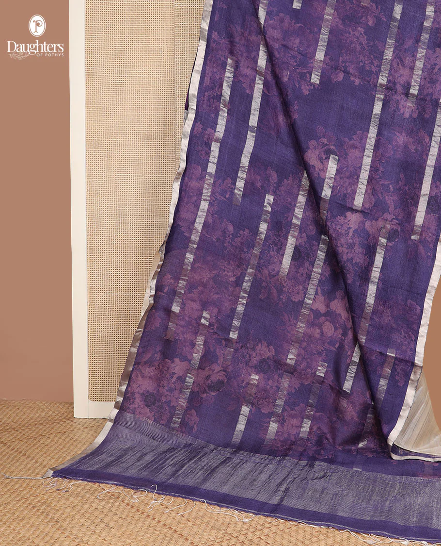 Blue silhouette style floral printed with silver zari striped tussar saree, piping zari border, and zari rich pallu - Image 2