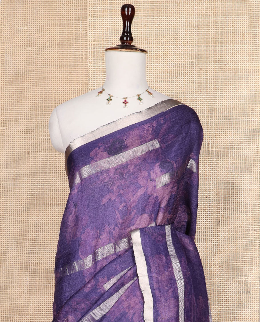 Blue silhouette style floral printed with silver zari striped tussar saree, piping zari border, and zari rich pallu - Image 4