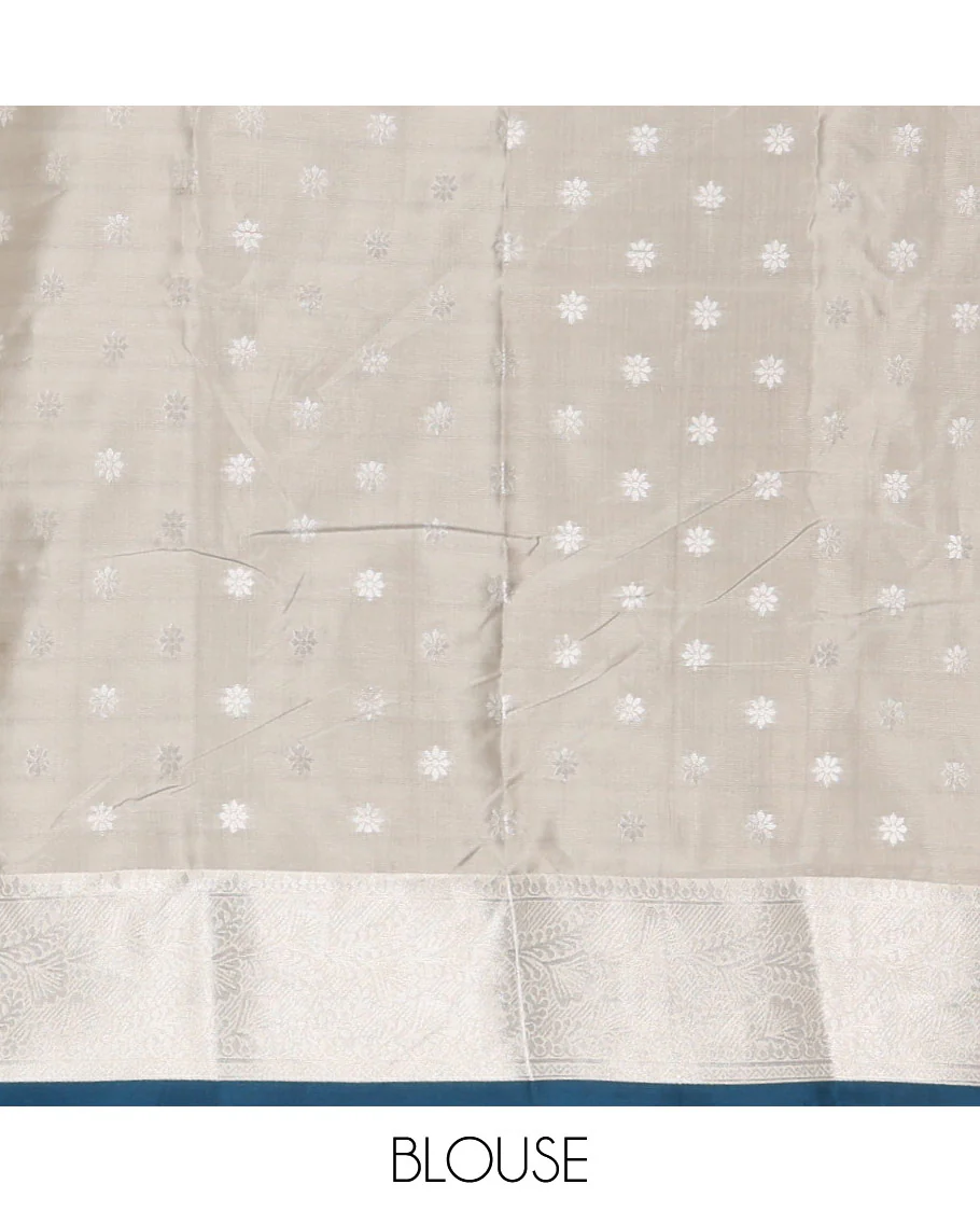 Blue silver zari manga buttas Elite soft silk saree, contrast traditional zari border, intricate zari pallu & contrast zari buttas blouse - Image 4