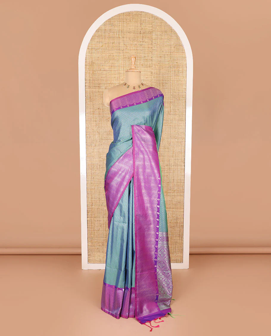 Blue small zari buttas woven elite soft silk saree, contrast zari woven scallop satin border, jaal pallu, and a contrast chakram zari motifs blouse - Image 2