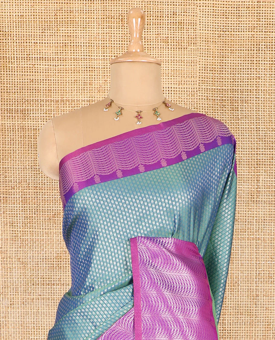 Blue small zari buttas woven elite soft silk saree, contrast zari woven scallop satin border, jaal pallu, and a contrast chakram zari motifs blouse - Image 3