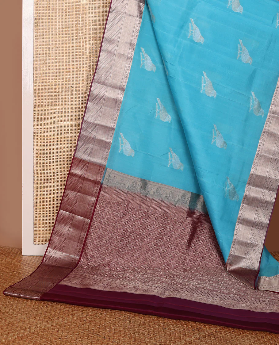 Blue sparrow motifs Vasundhara Lite Silk Mix Saree, contrast border of rekku,kamalam,muthu,neli,paisa & mayil kann & jaal pallu - Image 3