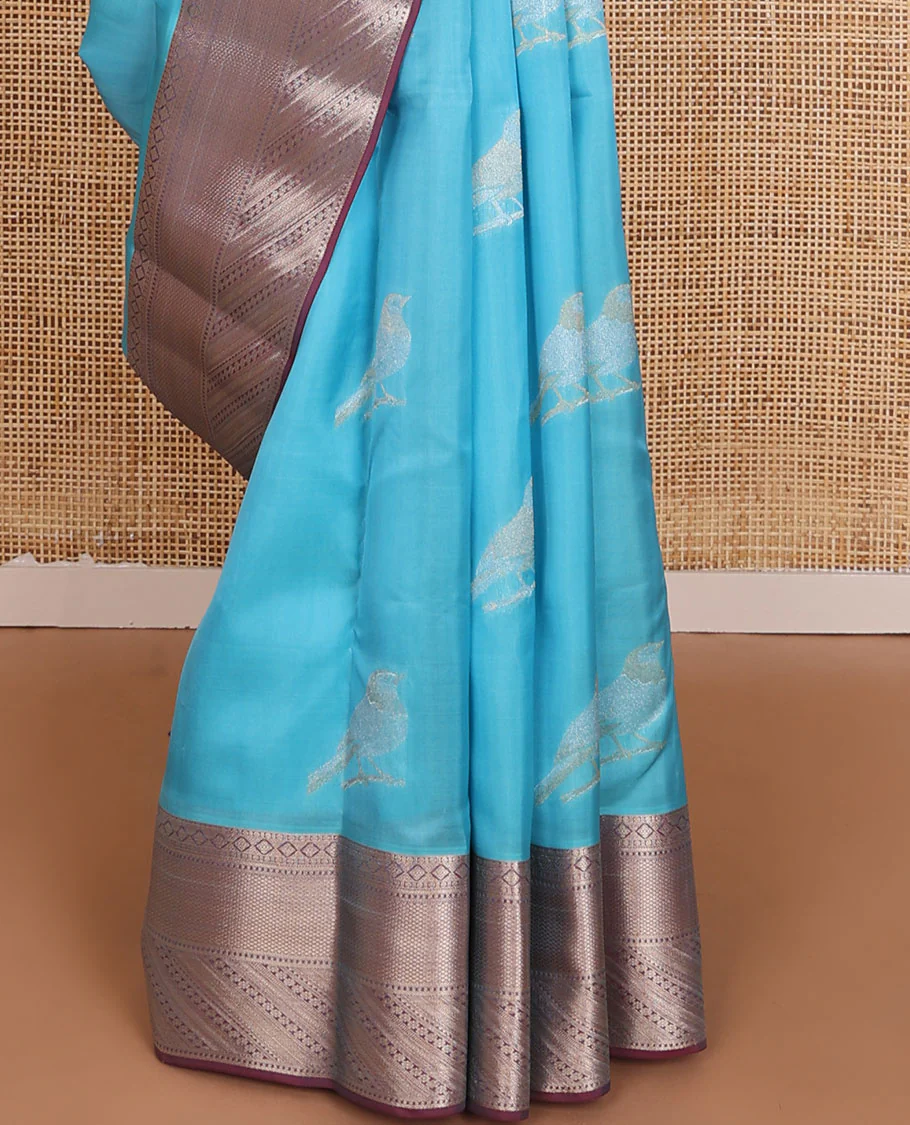 Blue sparrow motifs Vasundhara Lite Silk Mix Saree, contrast border of rekku,kamalam,muthu,neli,paisa & mayil kann & jaal pallu - Image 5