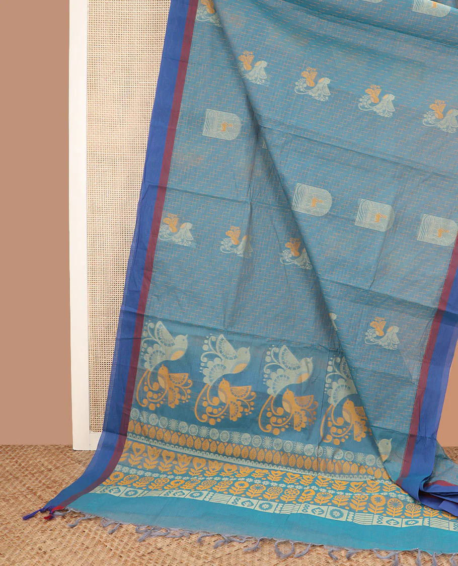 Blue striped and buttas coimbatore cotton saree, contrast border and pallu of floral and geometric patterns - Image 2