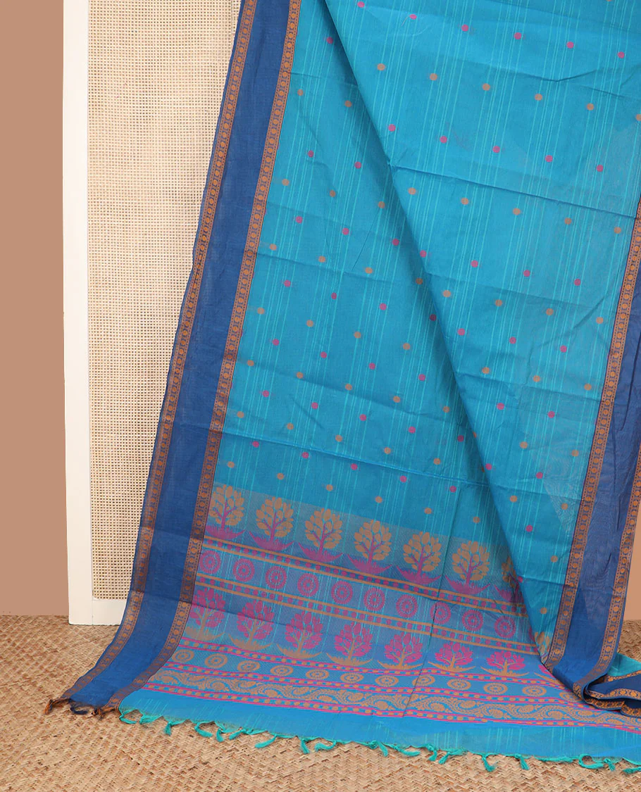 Blue striped and buttas coimbatore cotton saree, contrast rettai pettu border of pallu of floral designs - Image 2