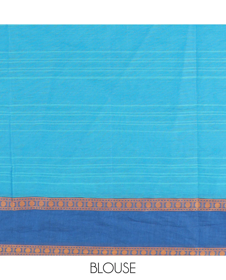 Blue striped and buttas coimbatore cotton saree, contrast rettai pettu border of pallu of floral designs - Image 3