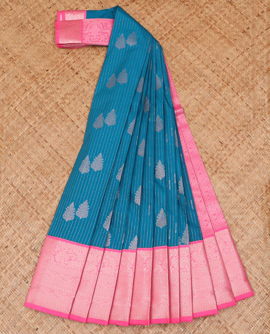 Blue striped and leaf motifs budget silk saree, contrast traditional zari design border, and jaal pallu - Image 2