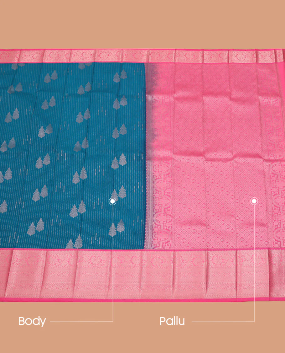 Blue striped and leaf motifs budget silk saree, contrast traditional zari design border, and jaal pallu - Image 3