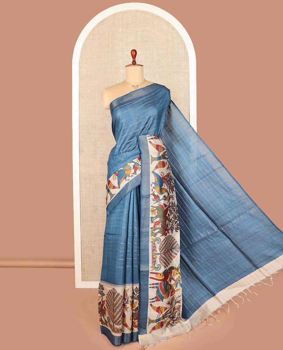 Blue striped and Madhubani-style tussar saree, zari striped border, and pallu of stripes and Madhubani print