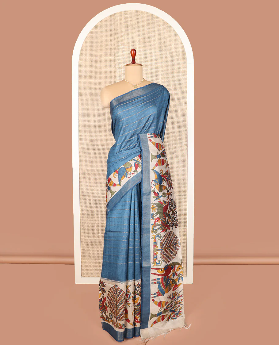 Blue striped and Madhubani-style tussar saree, zari striped border, and pallu of stripes and Madhubani print - Image 2