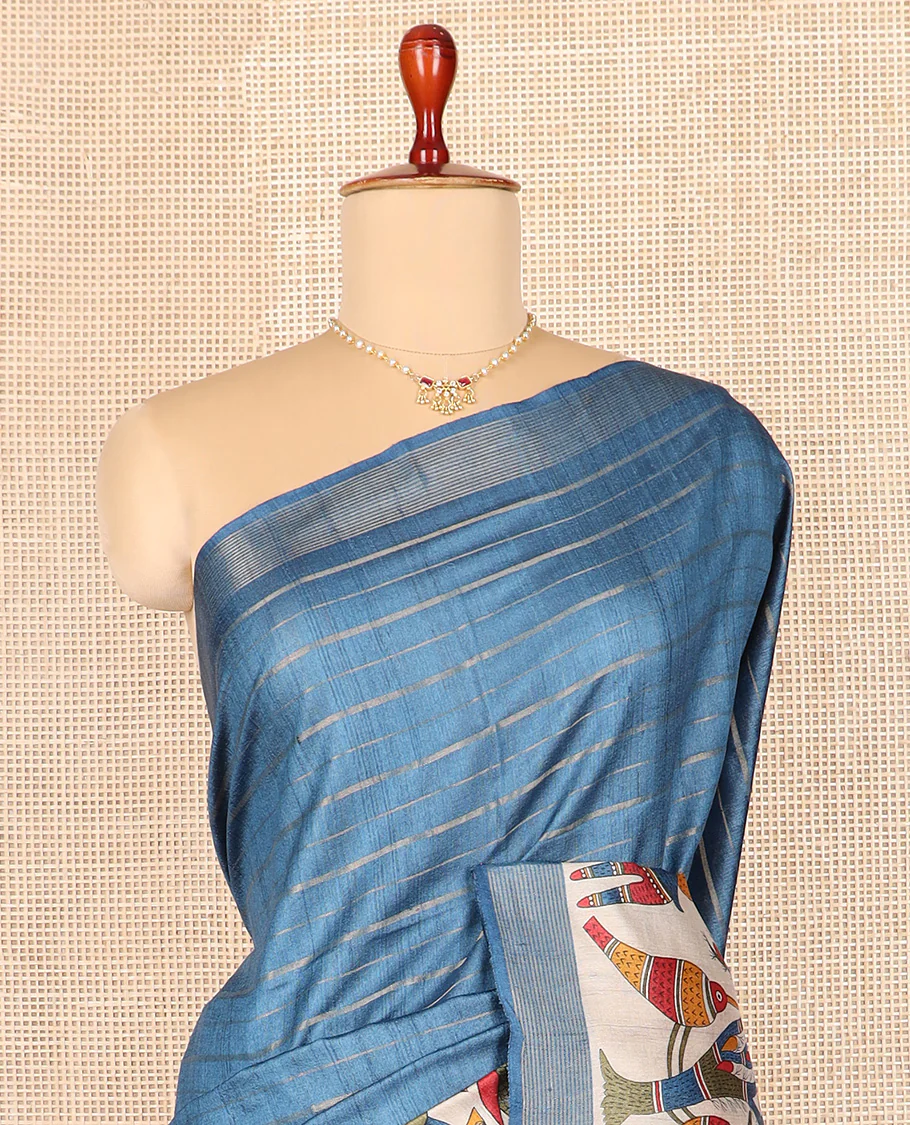 Blue striped and Madhubani-style tussar saree, zari striped border, and pallu of stripes and Madhubani print - Image 3