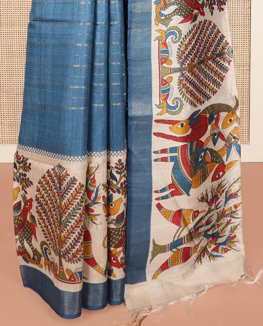 Blue striped and Madhubani-style tussar saree, zari striped border, and pallu of stripes and Madhubani print - Image 4