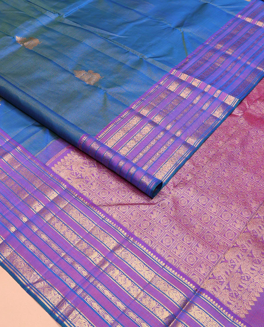 Blue striped and mayil buttas Kanchipuram silk saree, contrast border of thilakam mokku, mayil, and meen designs and annam chakram butta enclosed checked pallu - Image 2