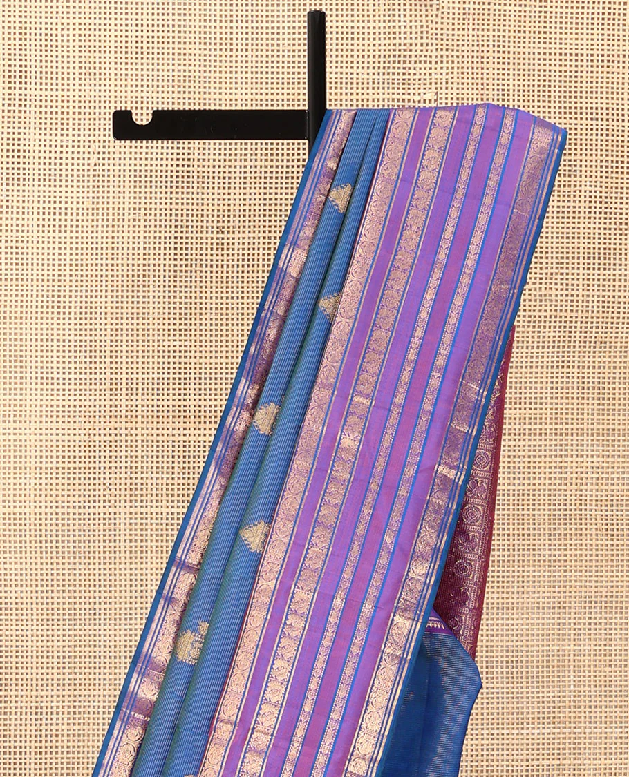 Blue striped and mayil buttas Kanchipuram silk saree, contrast border of thilakam mokku, mayil, and meen designs and annam chakram butta enclosed checked pallu - Image 4