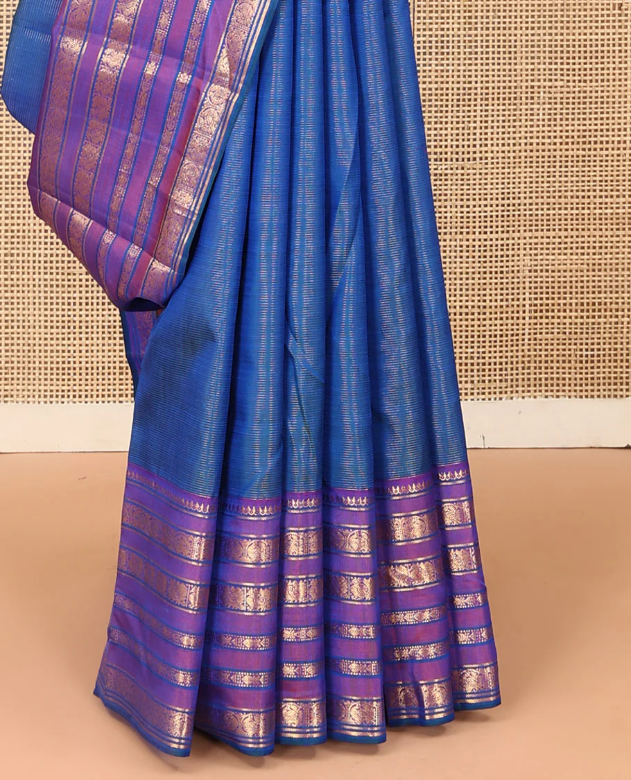 Blue striped and mayil buttas Kanchipuram silk saree, contrast border of thilakam mokku, mayil, and meen designs and annam chakram butta enclosed checked pallu - Image 5
