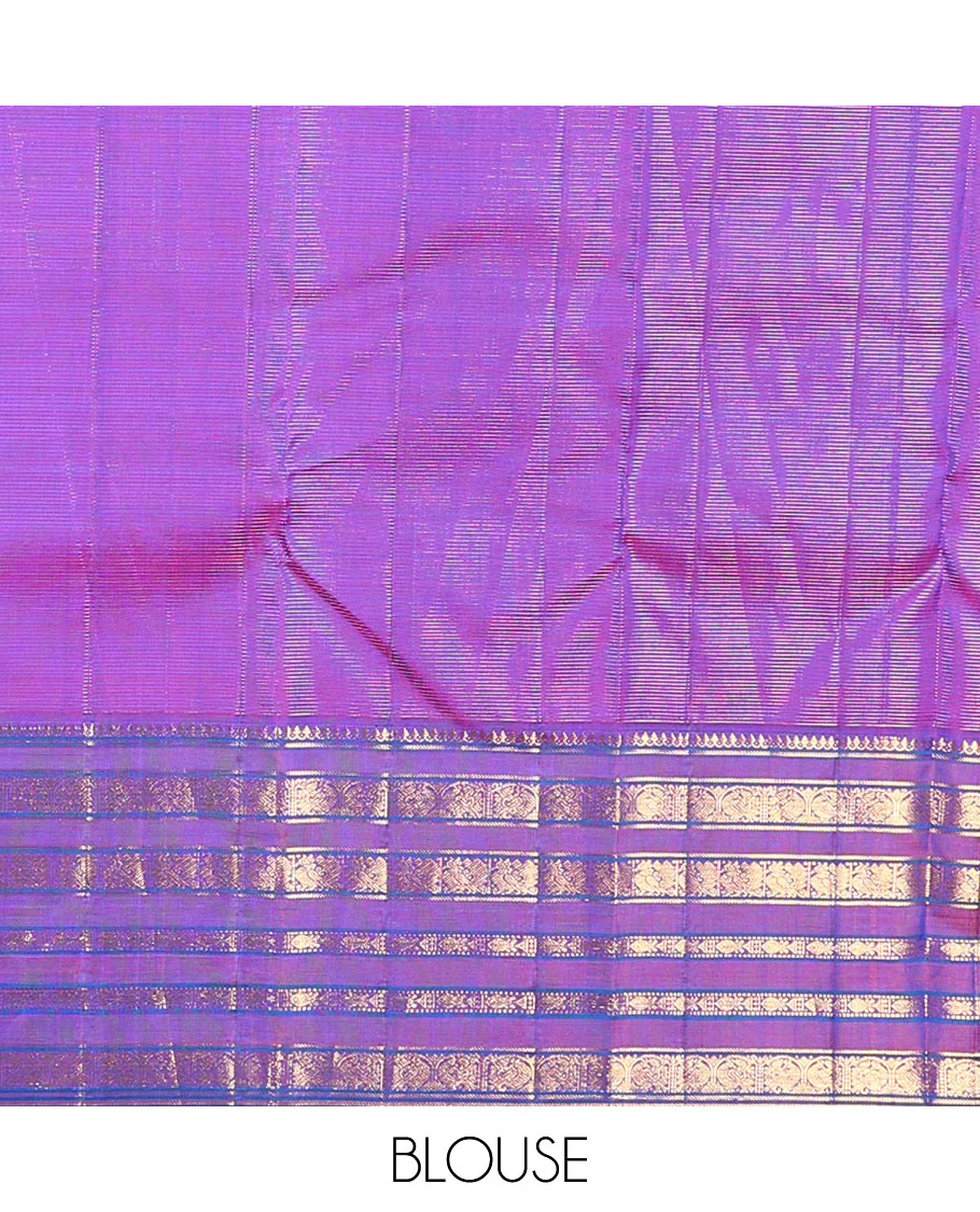 Blue striped and mayil buttas Kanchipuram silk saree, contrast border of thilakam mokku, mayil, and meen designs and annam chakram butta enclosed checked pallu - Image 6