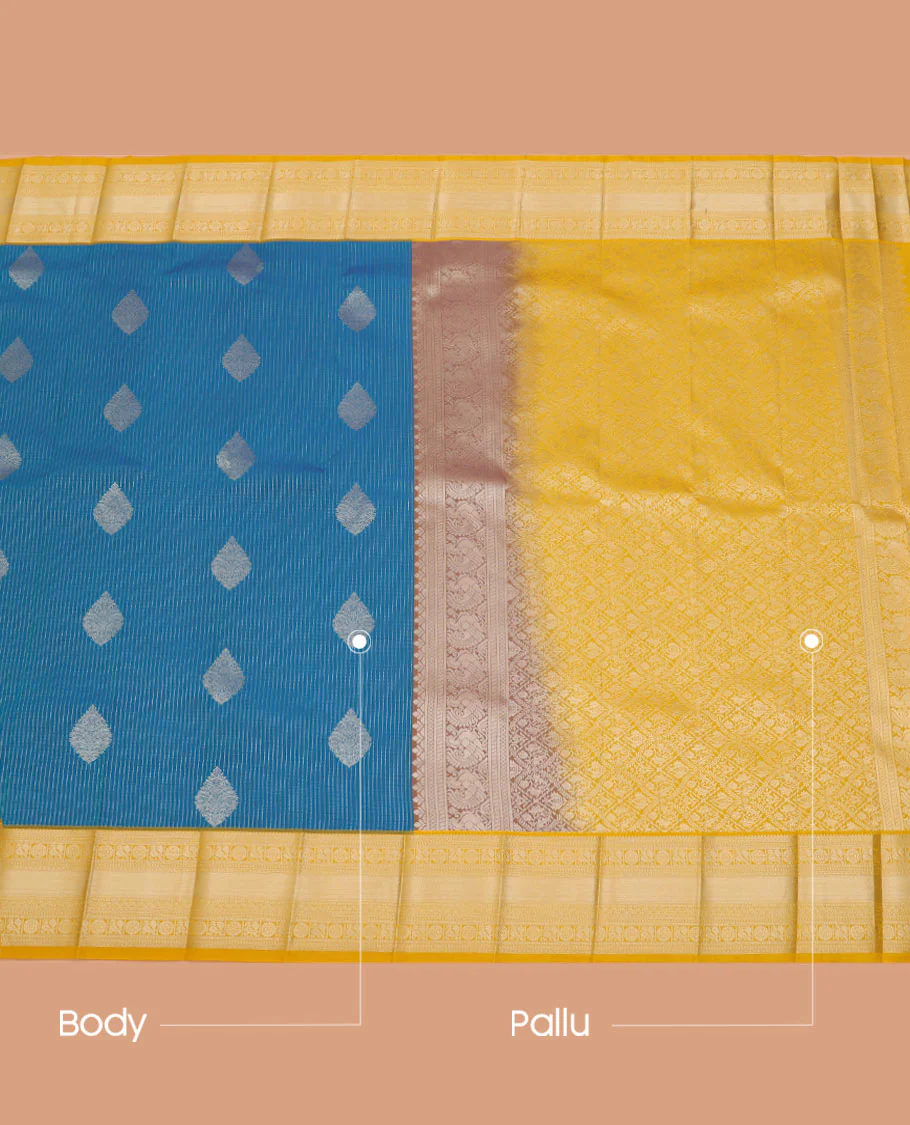 Blue striped and zari motifs budget silk saree, contrast traditional zari design border, and zari-rich jaal pallu - Image 3