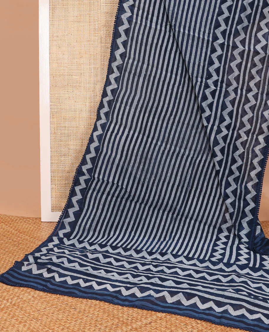 Blue striped, chanderi cotton saree with self zig zag design, sequins work border & zig zag design, sequins work pallu - Image 2
