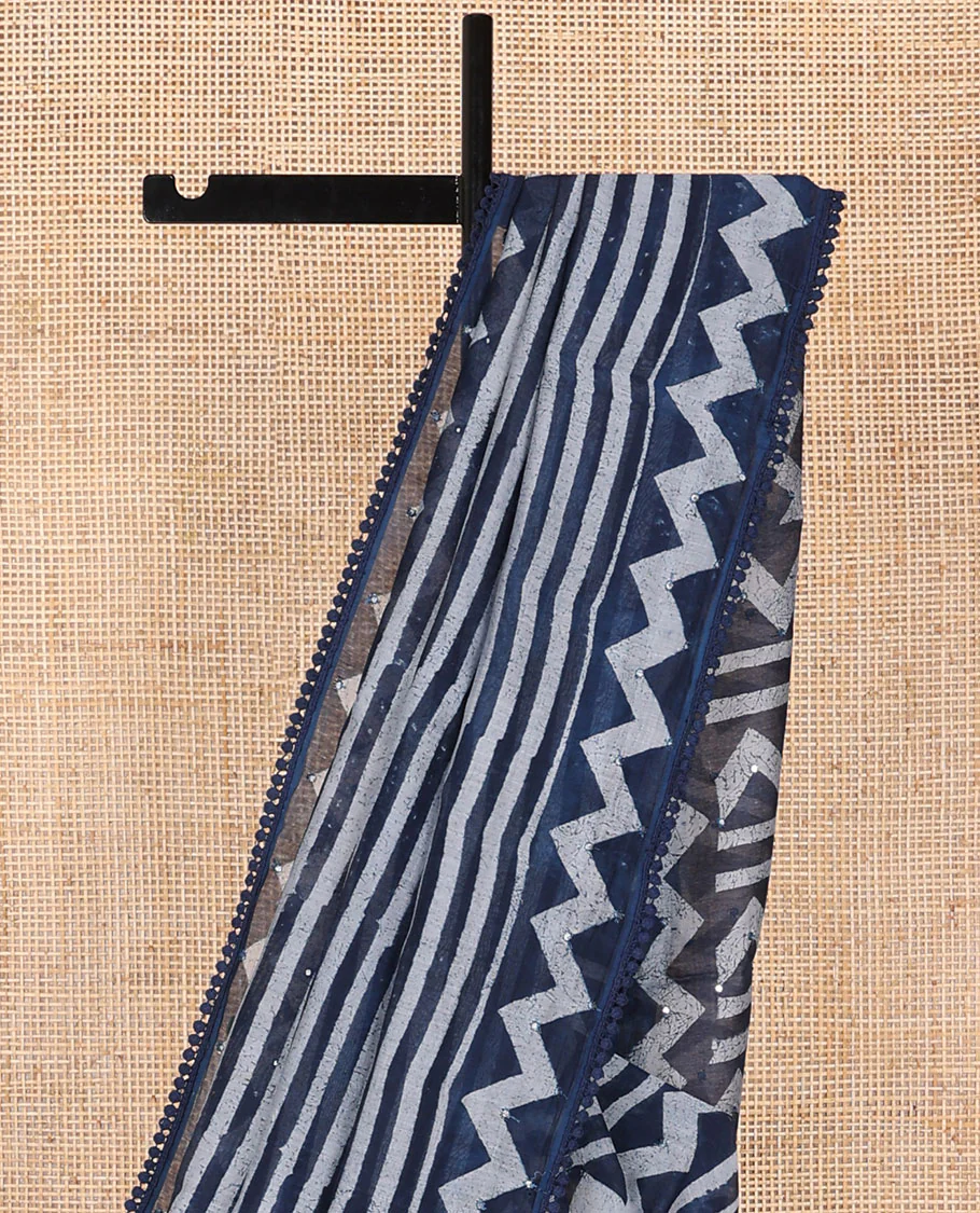 Blue striped, chanderi cotton saree with self zig zag design, sequins work border & zig zag design, sequins work pallu - Image 3