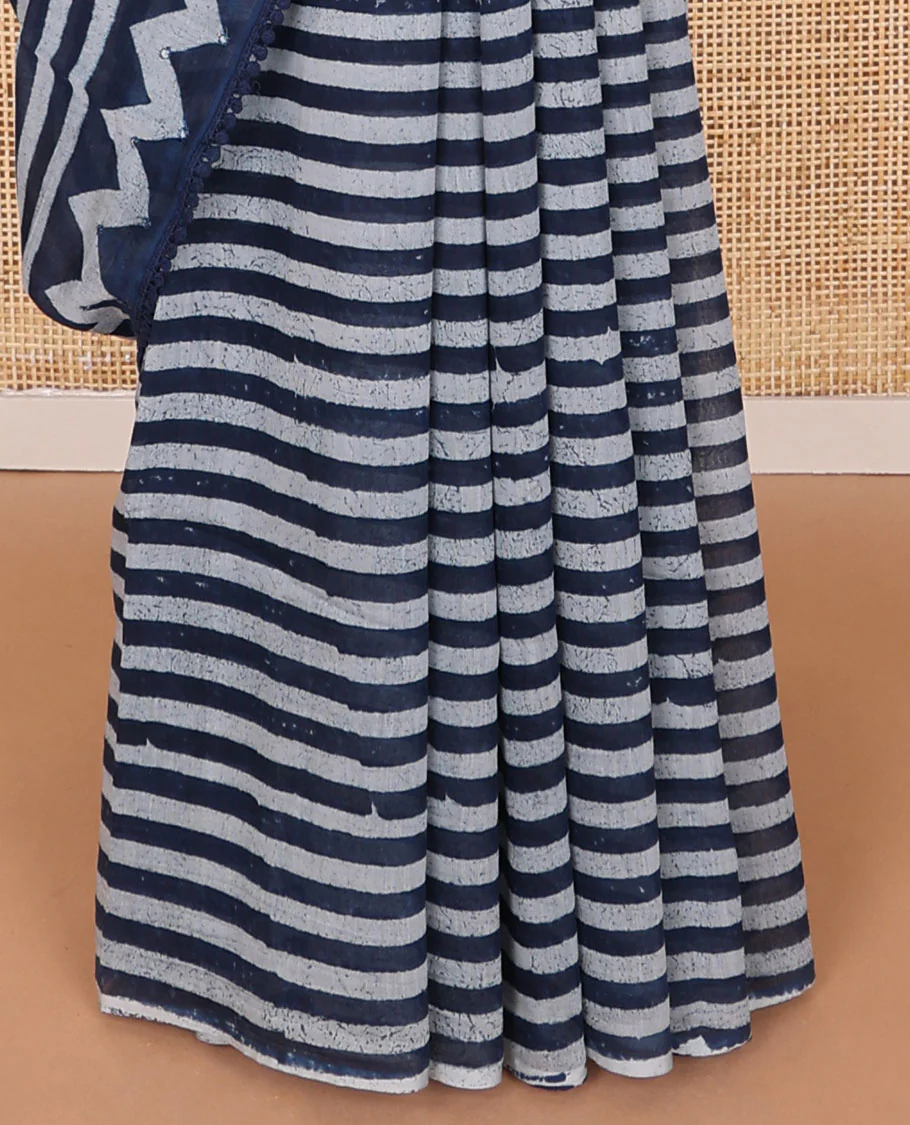 Blue striped, chanderi cotton saree with self zig zag design, sequins work border & zig zag design, sequins work pallu - Image 4