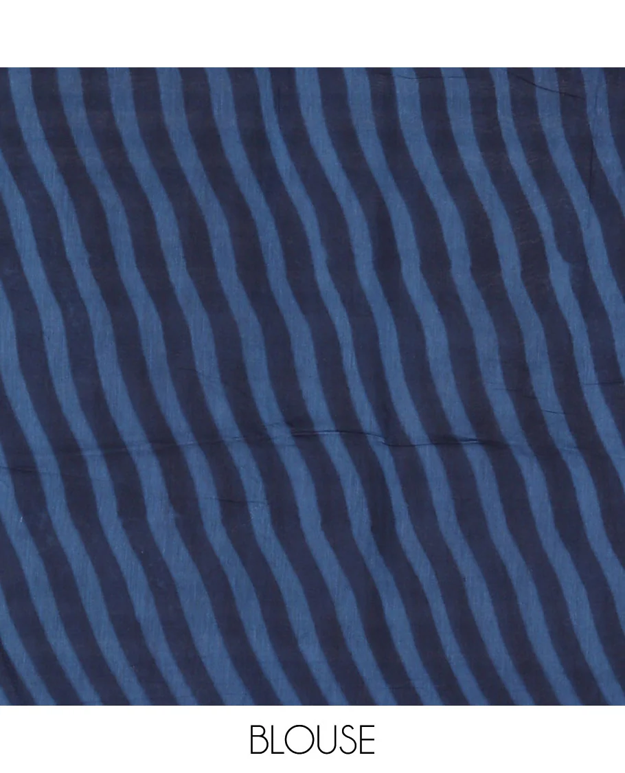 Blue striped, chanderi cotton saree with self zig zag design, sequins work border & zig zag design, sequins work pallu - Image 5