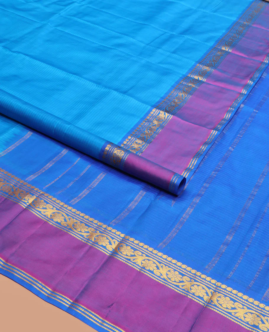 Blue Striped Kanchipuram Silk Saree Accentuated with Contrast Rettai Pettu Border Featuring Manga, Muthu, Banaras, and Kodi Visiry Designs, Subtly Woven Pallu with Stripes, and Paired with a Matching Blouse - Image 2
