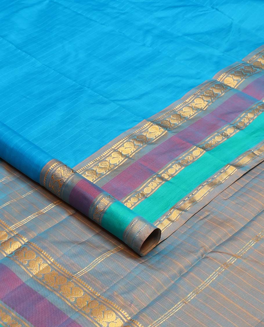 Blue striped Kanchipuram silk saree, contrast border of rekku, banaras, mayil, manga, rudraksham, and kathir designs, and striped pallu - Image 2