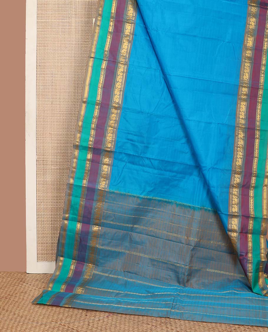 Blue striped Kanchipuram silk saree, contrast border of rekku, banaras, mayil, manga, rudraksham, and kathir designs, and striped pallu - Image 3