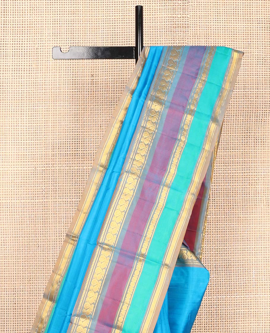 Blue striped Kanchipuram silk saree, contrast border of rekku, banaras, mayil, manga, rudraksham, and kathir designs, and striped pallu - Image 4