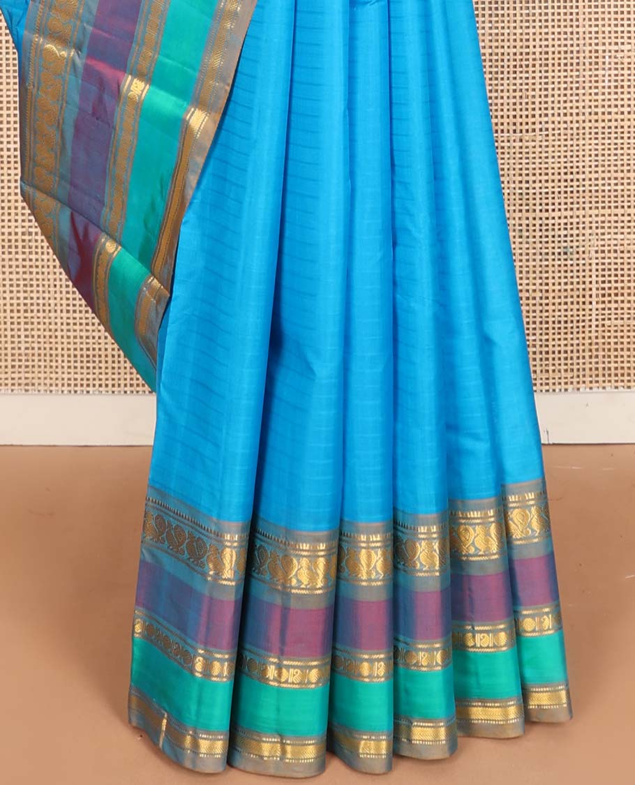 Blue striped Kanchipuram silk saree, contrast border of rekku, banaras, mayil, manga, rudraksham, and kathir designs, and striped pallu - Image 5
