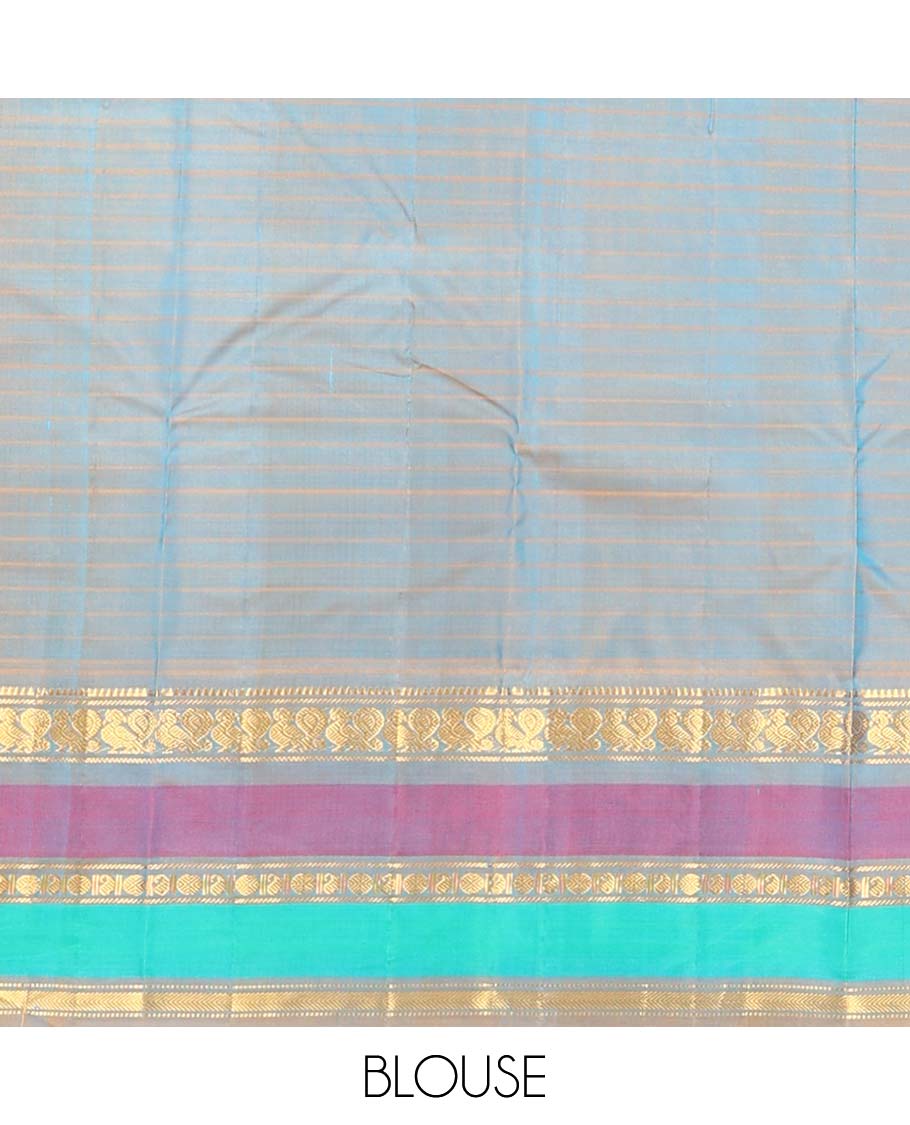 Blue striped Kanchipuram silk saree, contrast border of rekku, banaras, mayil, manga, rudraksham, and kathir designs, and striped pallu - Image 6