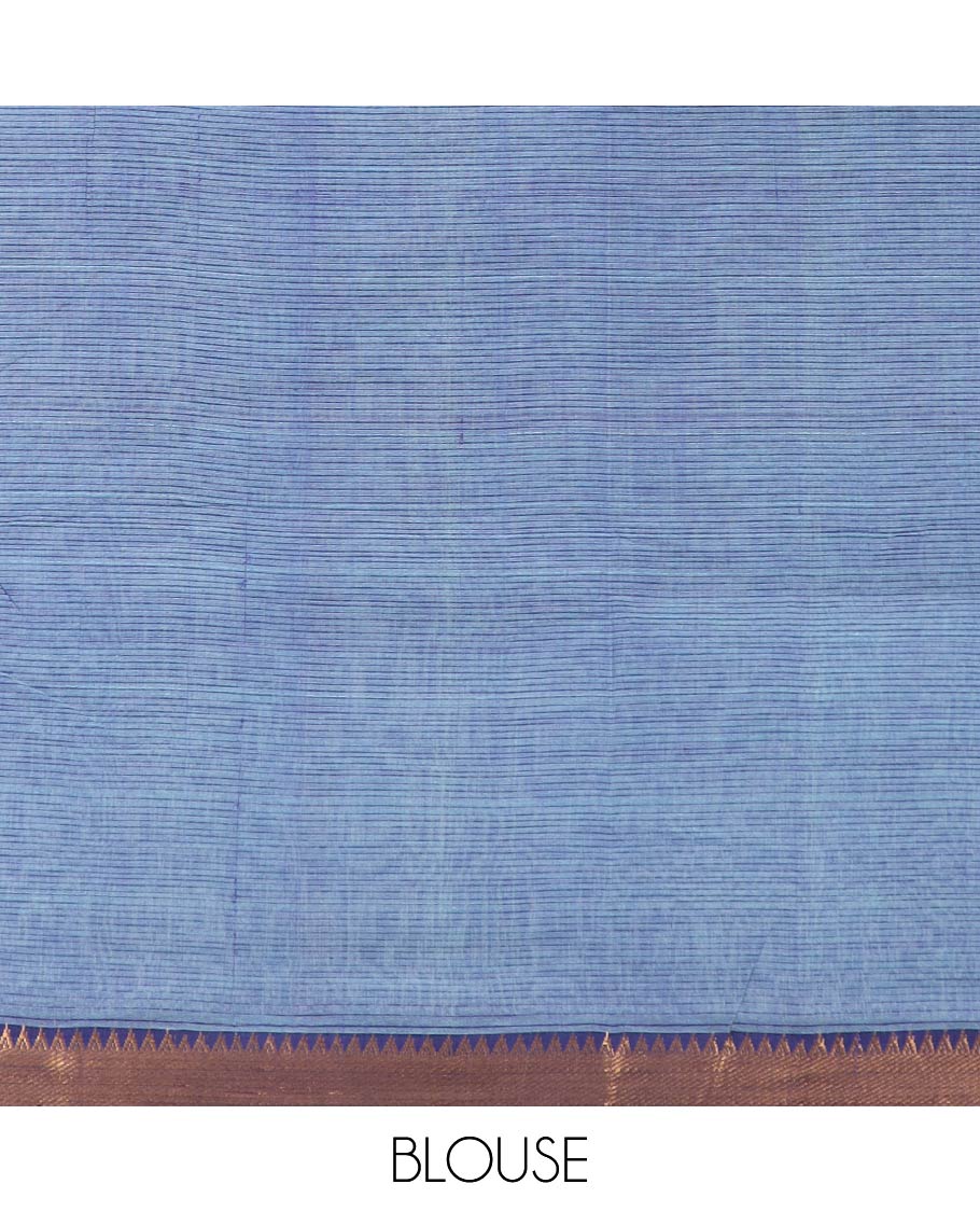 Blue striped mangalagiri cotton saree & contrast temple zari border & striped pallu - Image 2