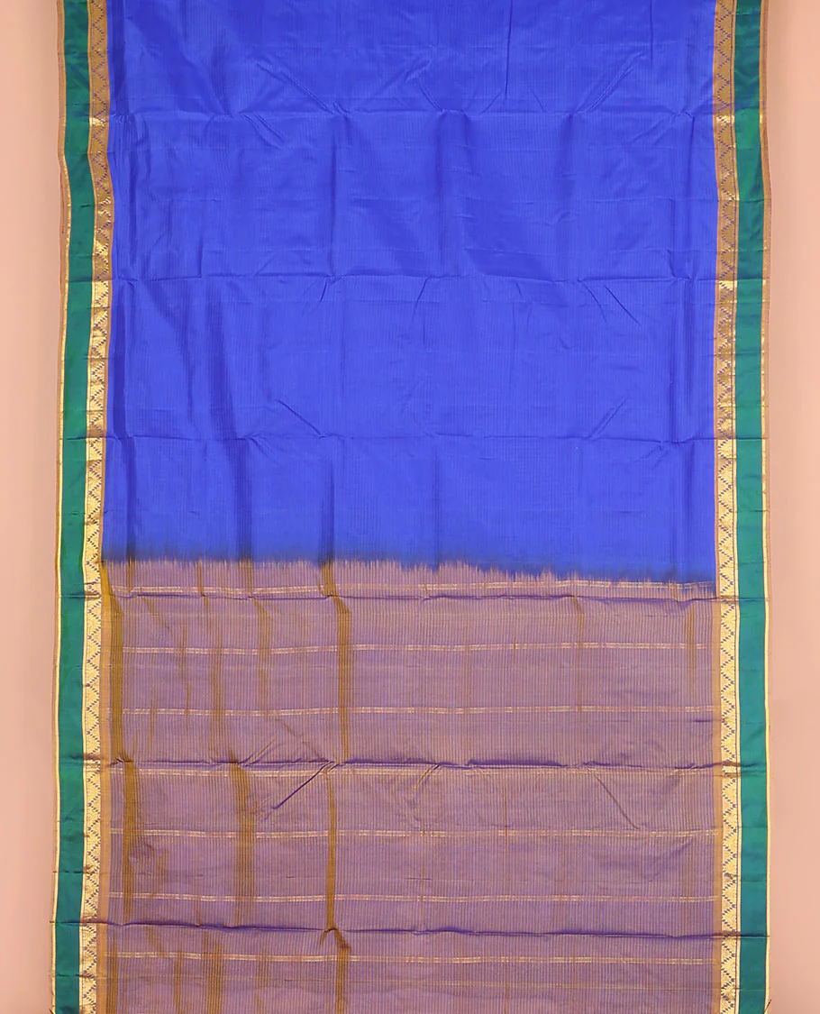 Blue striped nine-yard silk saree, contrast rettai pettu border of thazampoo rekku and kathir designs, and zari striped pallu - Image 2
