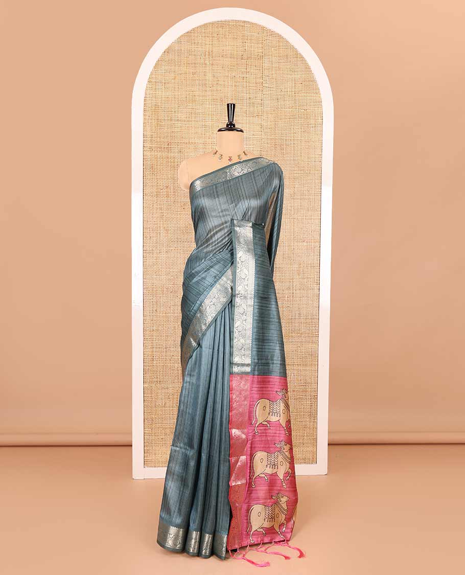 Blue striped semi-tussar saree, traditional zari border of floral creeper designs, contrast pallu of Pichwai cow print, and contrast Pichwai cow printed blouse - Image 2