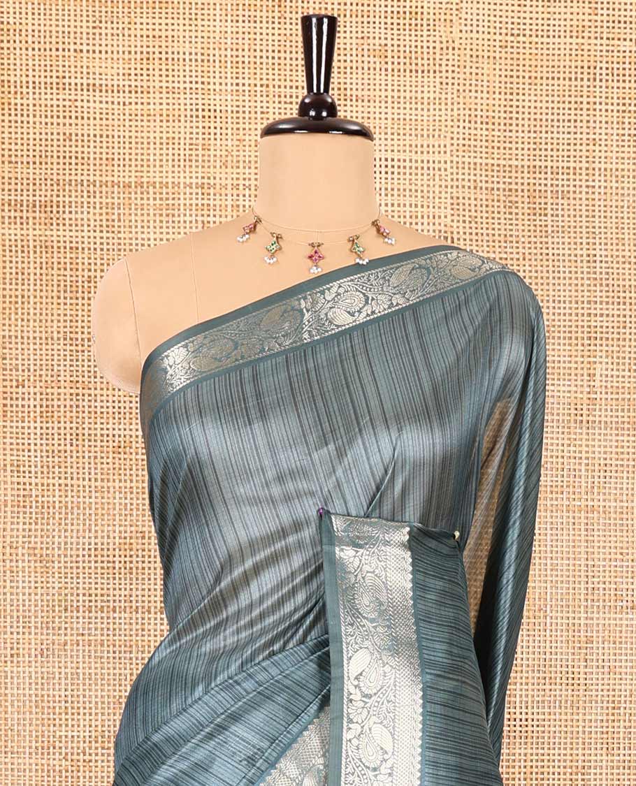 Blue striped semi-tussar saree, traditional zari border of floral creeper designs, contrast pallu of Pichwai cow print, and contrast Pichwai cow printed blouse - Image 3