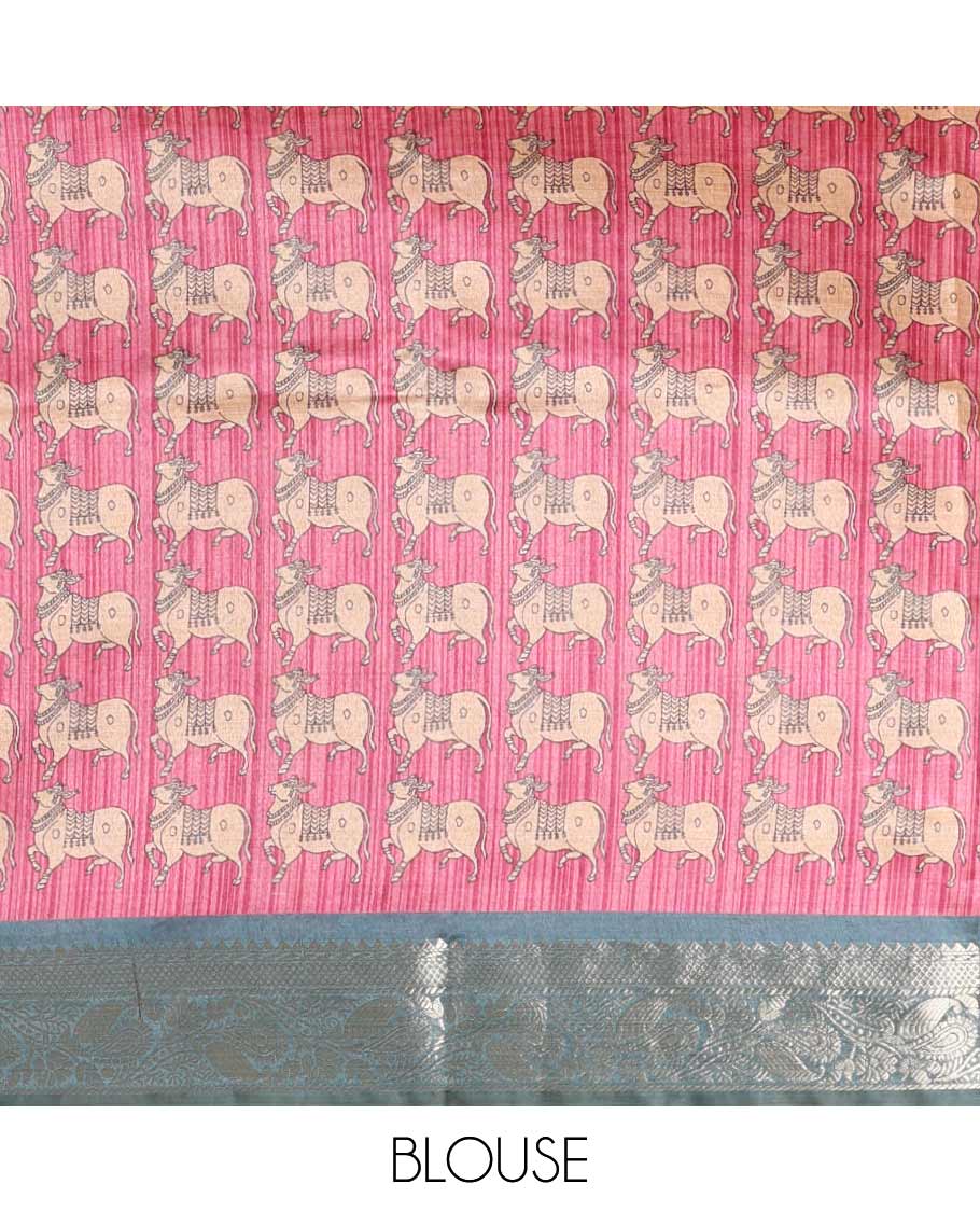 Blue striped semi-tussar saree, traditional zari border of floral creeper designs, contrast pallu of Pichwai cow print, and contrast Pichwai cow printed blouse - Image 4