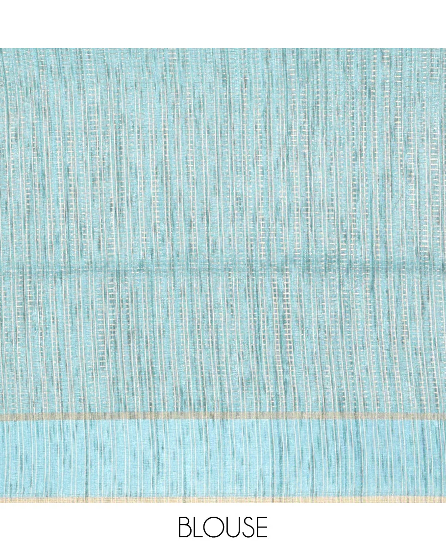 Blue stripes woven fancy tussar saree, small bentex border, contrast dotted striped pallu, and a matching blouse - Image 3