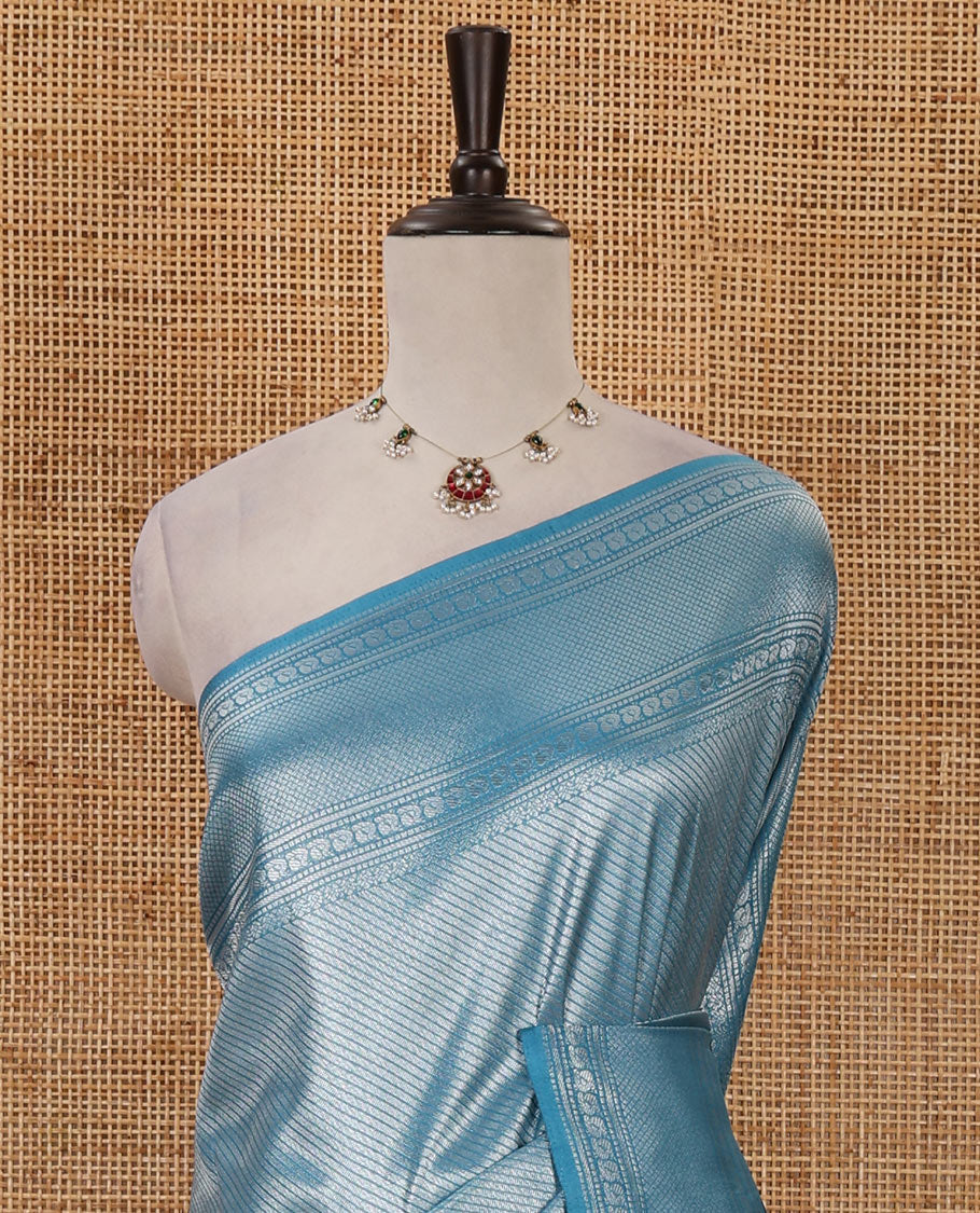 Blue stripes zari jacquard softy saree with temple traditional zari border, rich pallu & matching zari blouse - Image 3