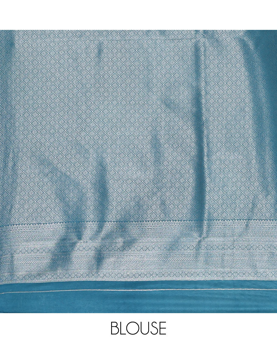 Blue stripes zari jacquard softy saree with temple traditional zari border, rich pallu & matching zari blouse - Image 4
