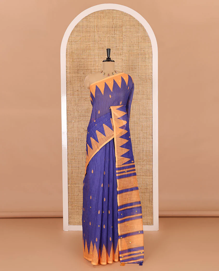 Blue thilakam buttas and mirror work khadi mul cotton saree, contrast temple border, striped and buttas pallu, and a contrast printed blouse - Image 2