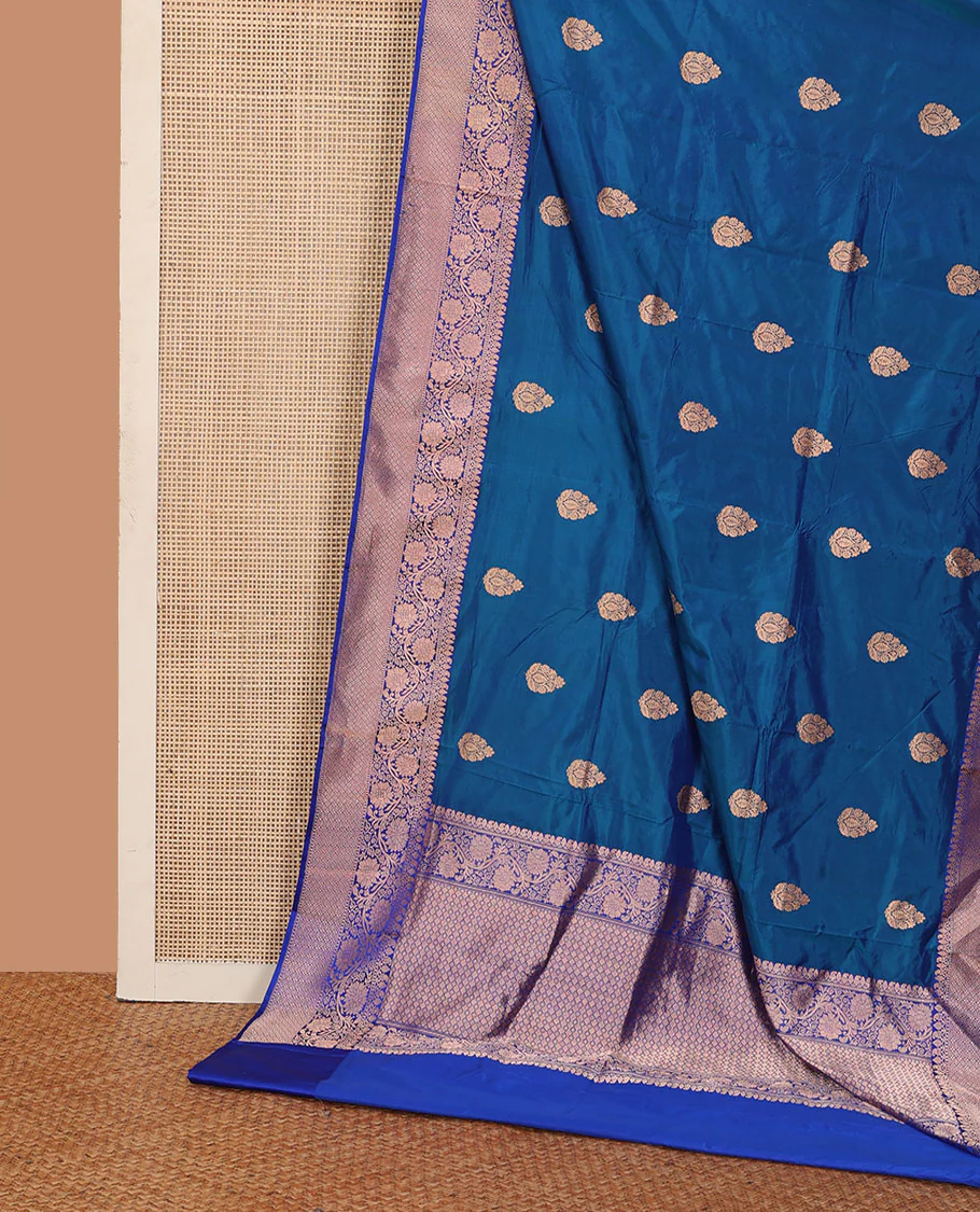 Blue thilakam motifs katan silk saree, traditional border of floral creeper design, and jaal pallu - Image 2