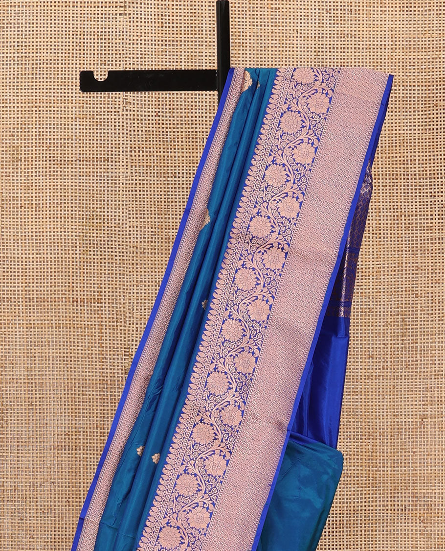Blue thilakam motifs katan silk saree, traditional border of floral creeper design, and jaal pallu - Image 3