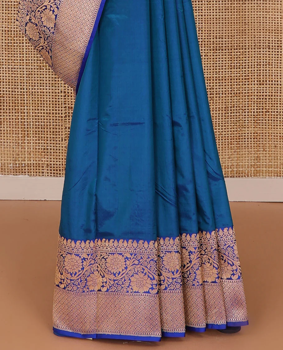 Blue thilakam motifs katan silk saree, traditional border of floral creeper design, and jaal pallu - Image 4