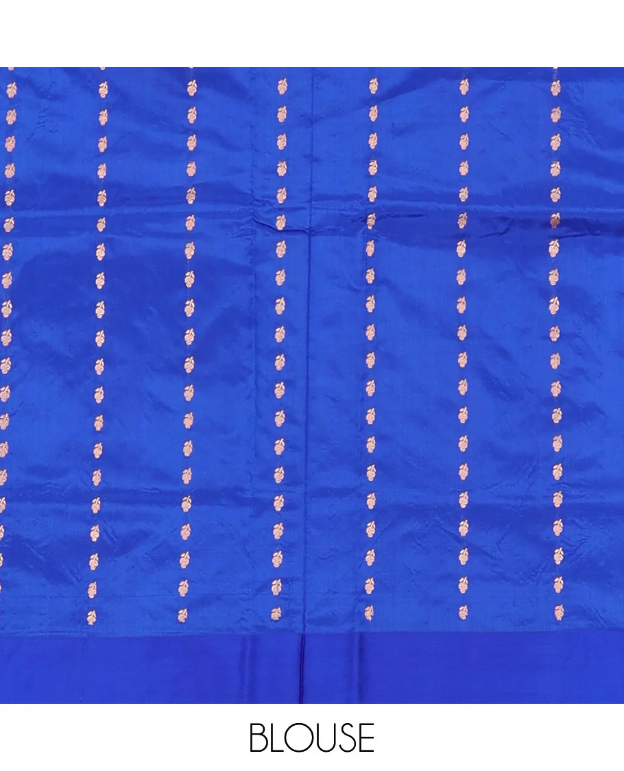 Blue thilakam motifs katan silk saree, traditional border of floral creeper design, and jaal pallu - Image 5