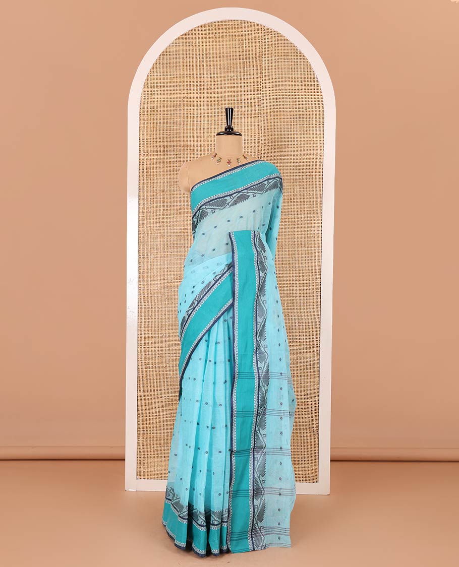 Blue thread buttas Bengal cotton saree, contrast jamdani style floral border, and a striped pallu - Image 2